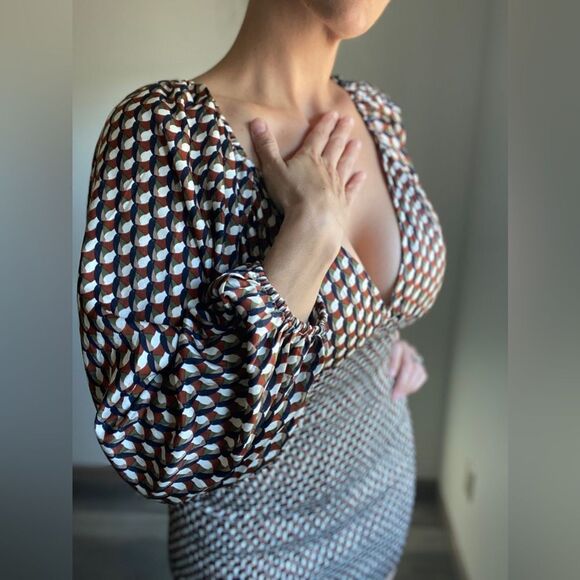 ACOA Puff Sleeve Mini Dress NEW Stretch Earth Tones Party - Picture 3 of 11